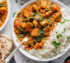 Chicken curry served with rice