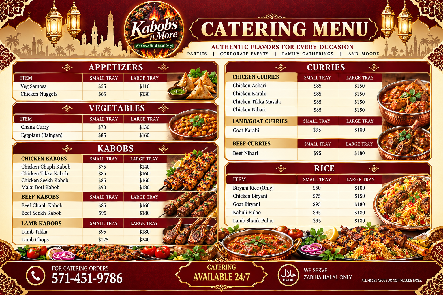 Kabobs N More catering menu with small and large tray prices for appetizers, vegetables, kabobs, curries and rice
