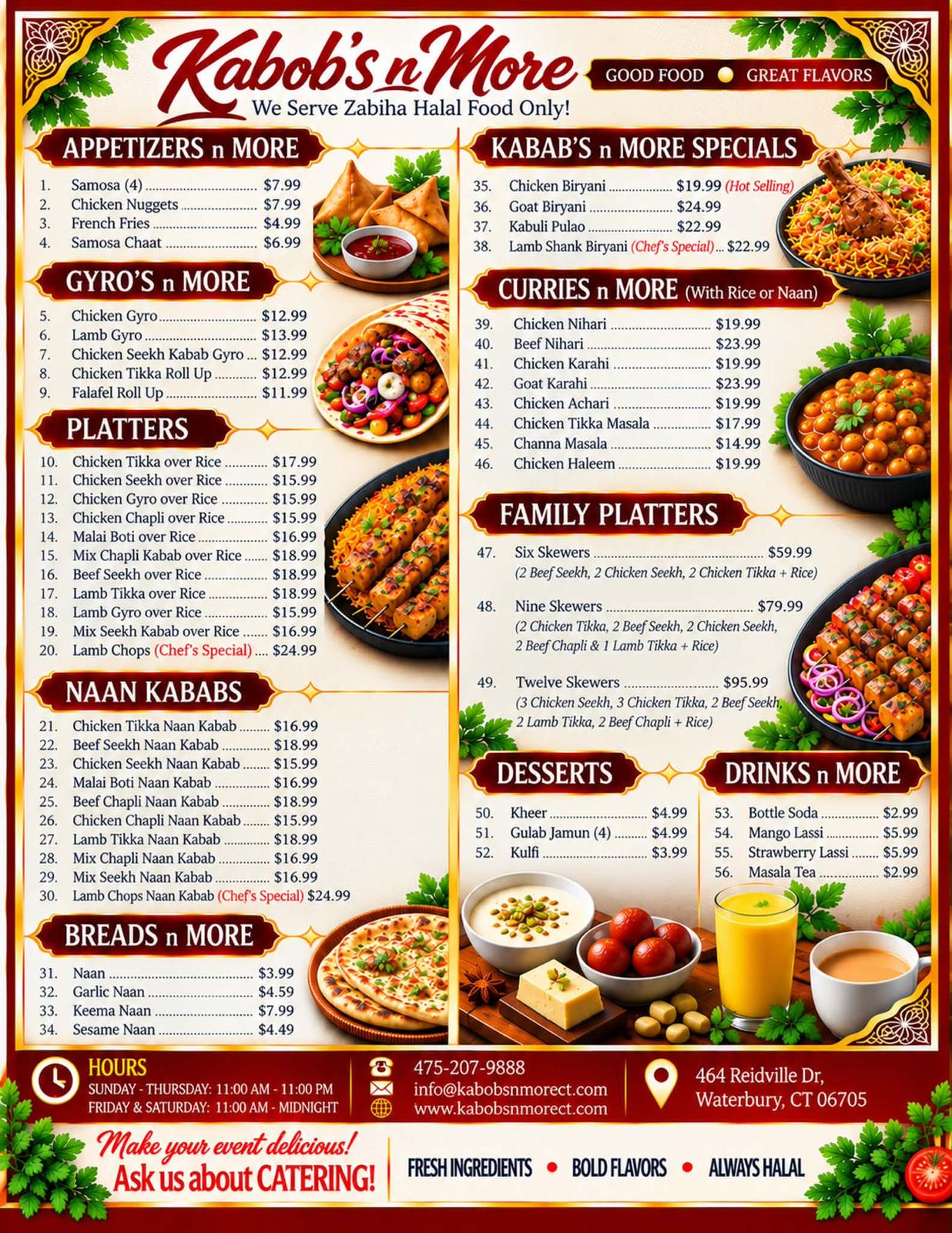 Kabobs N More updated October 2026 menu board with appetizers, gyros, platters, naan kababs, breads, specials, curries, family platters, desserts and drinks